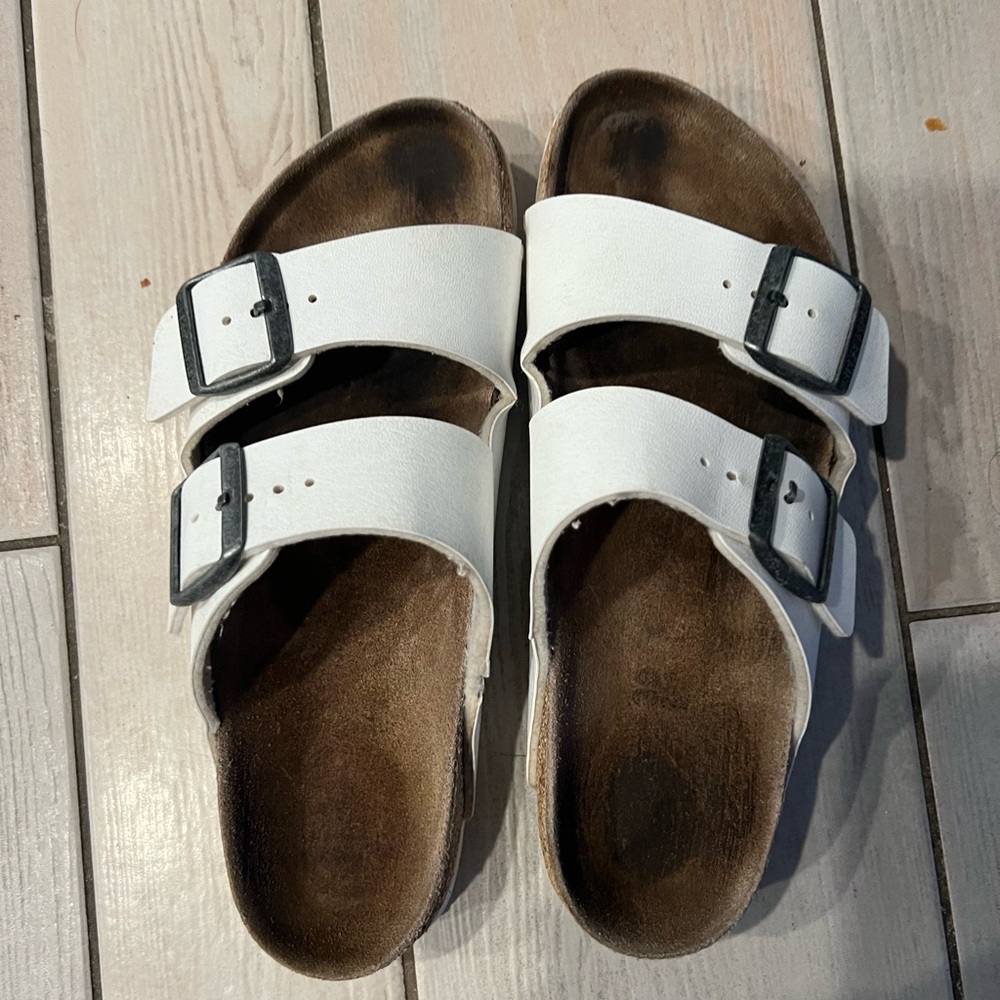 White Double Strap Sandals with Black Buckles